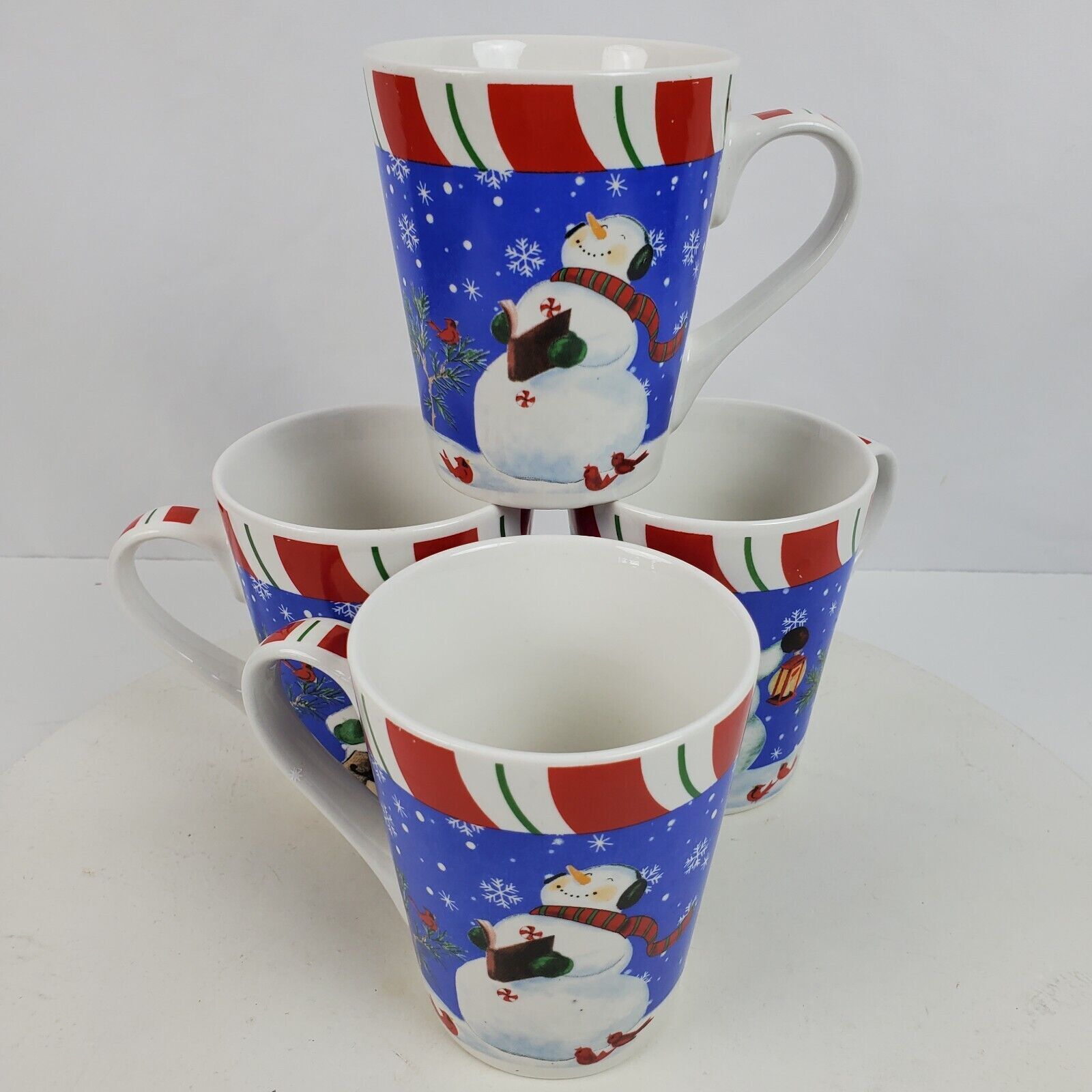 Vintage 1990s Christmas Holiday Snowman Cardinals SET OF 4 Mugs 4.5\