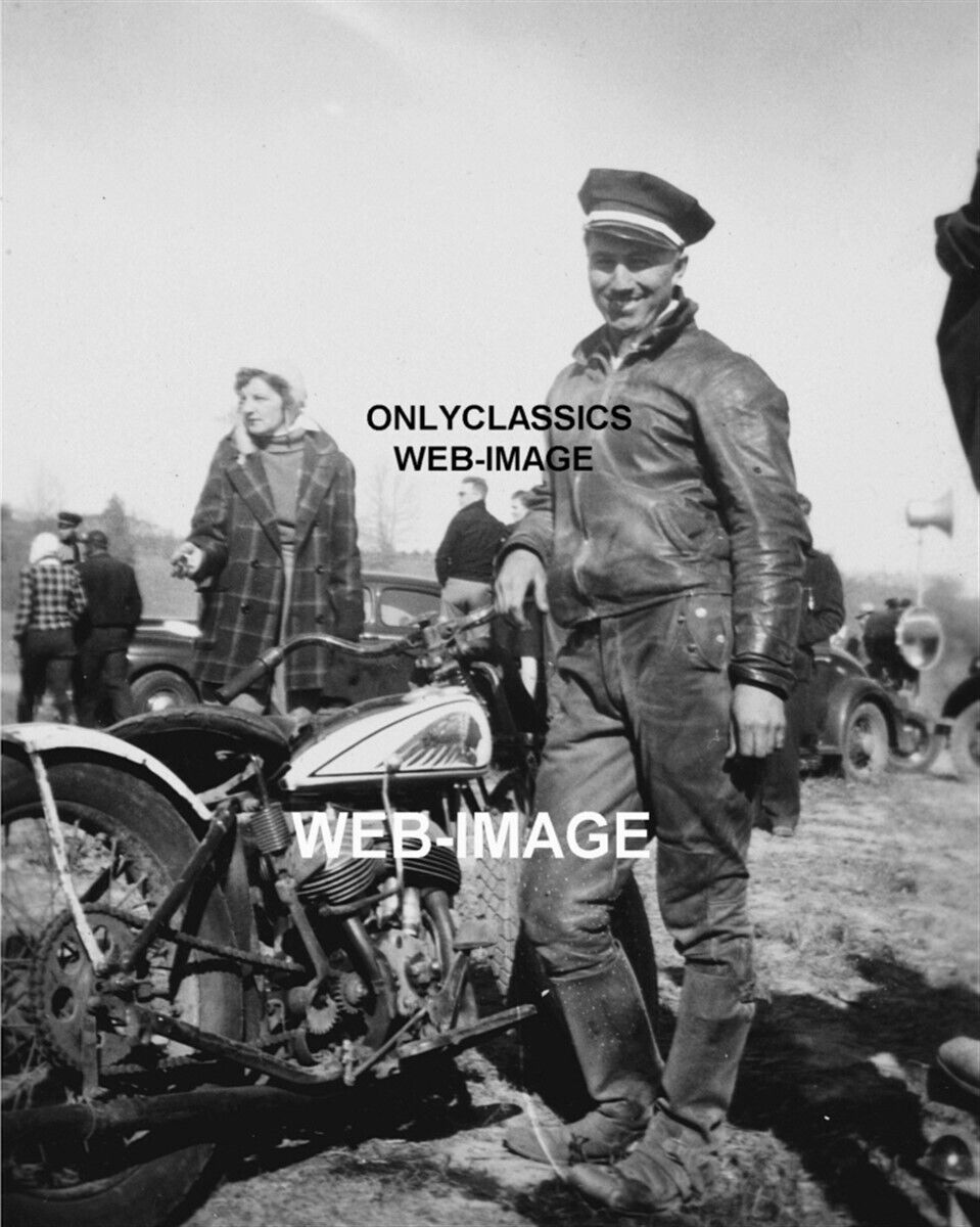1930s INDIAN SPORT SCOUT V-TWIN MOTORCYCLE RACER MAN-LEATHERS PHOTO RACING CYCLE