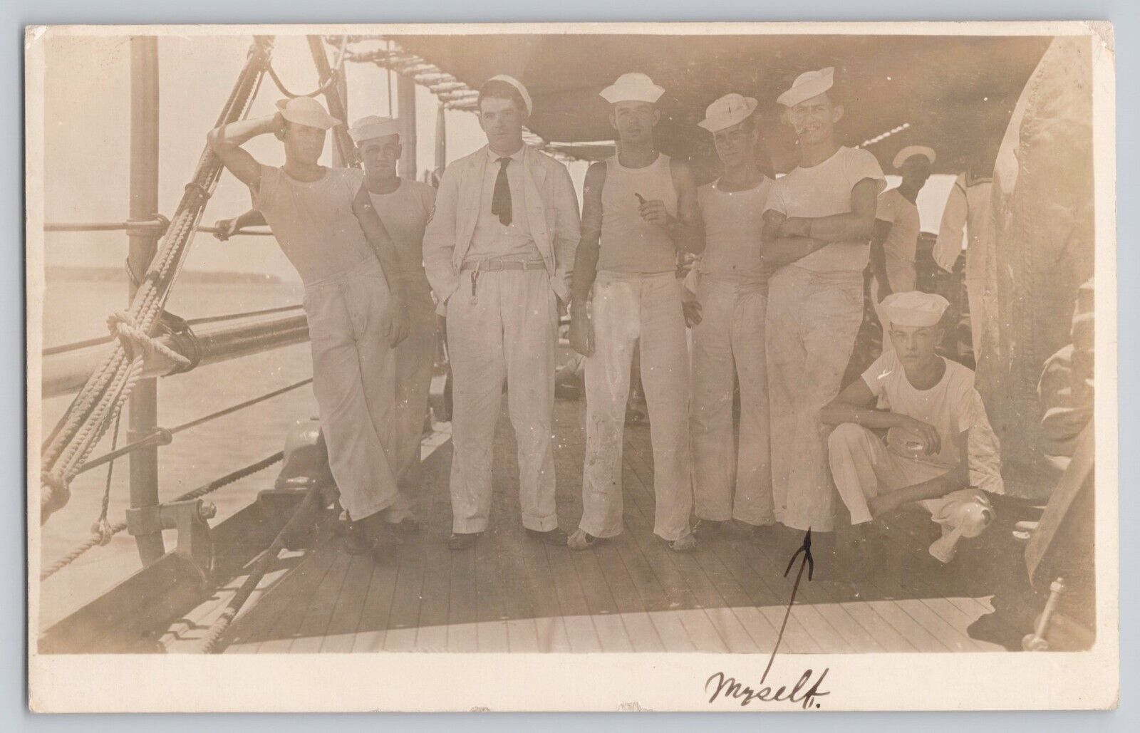 RPPC Postcard 8 Young Sailors On Deck Of WWI Era-Pre WWII Battleship or Cruiser