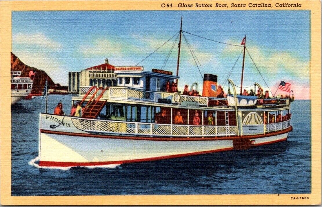 California Santa Catalina CA Glass Bottom Boat Vintage Linen Postcard Unposted
