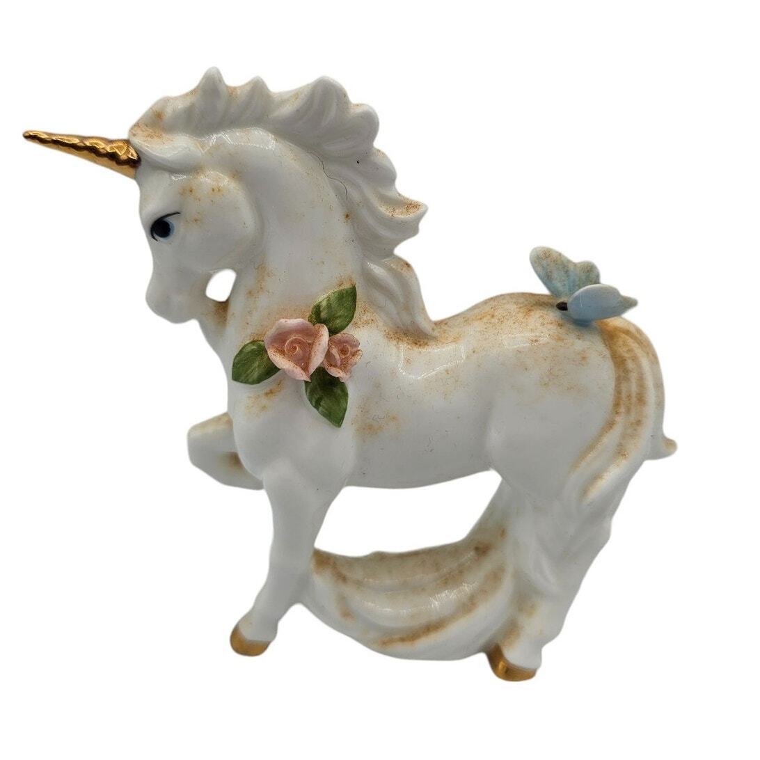 Vintage 1985 Enesco Porcelain Unicorn Figurine w/ Butterfly on Back
