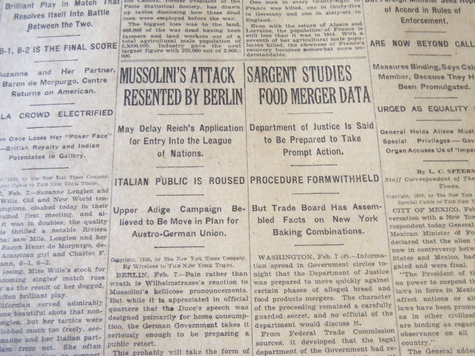 1926 FEBRUARY 8 NEW YORK TIMES - MUSSOLINI'S ATTACK RESENTED BY BERLIN - NT 6608