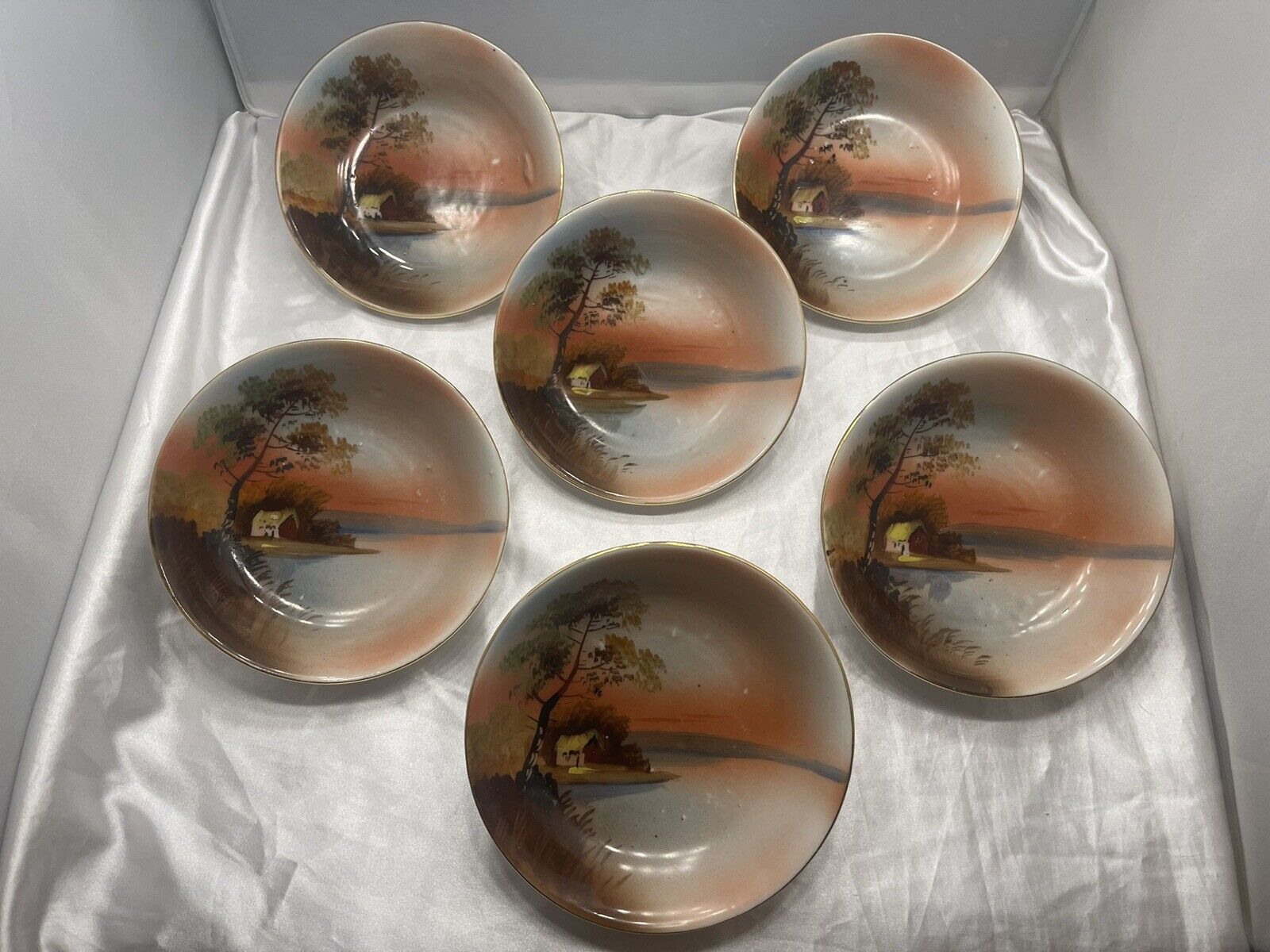 Set of 6 Vintage Chikaramachi Japan Lakeside Home/Barn Hand Painted 5”  Bowls