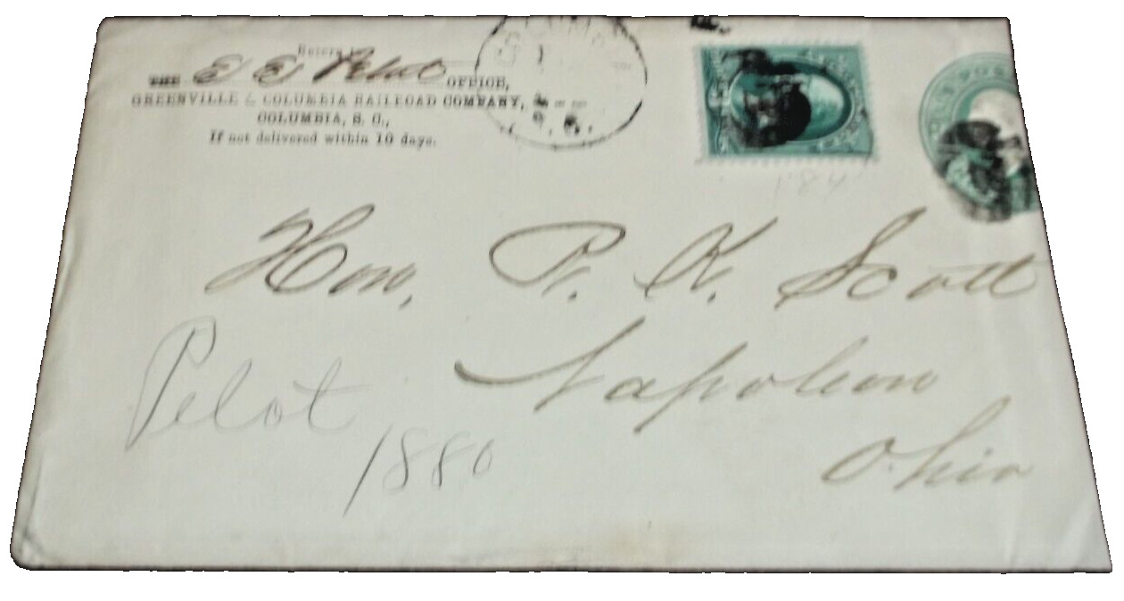 1880 GREENVILLE & COLUMBIA RAILROAD USED COMPANY ENVELOPE SOUTHERN RAILWAY