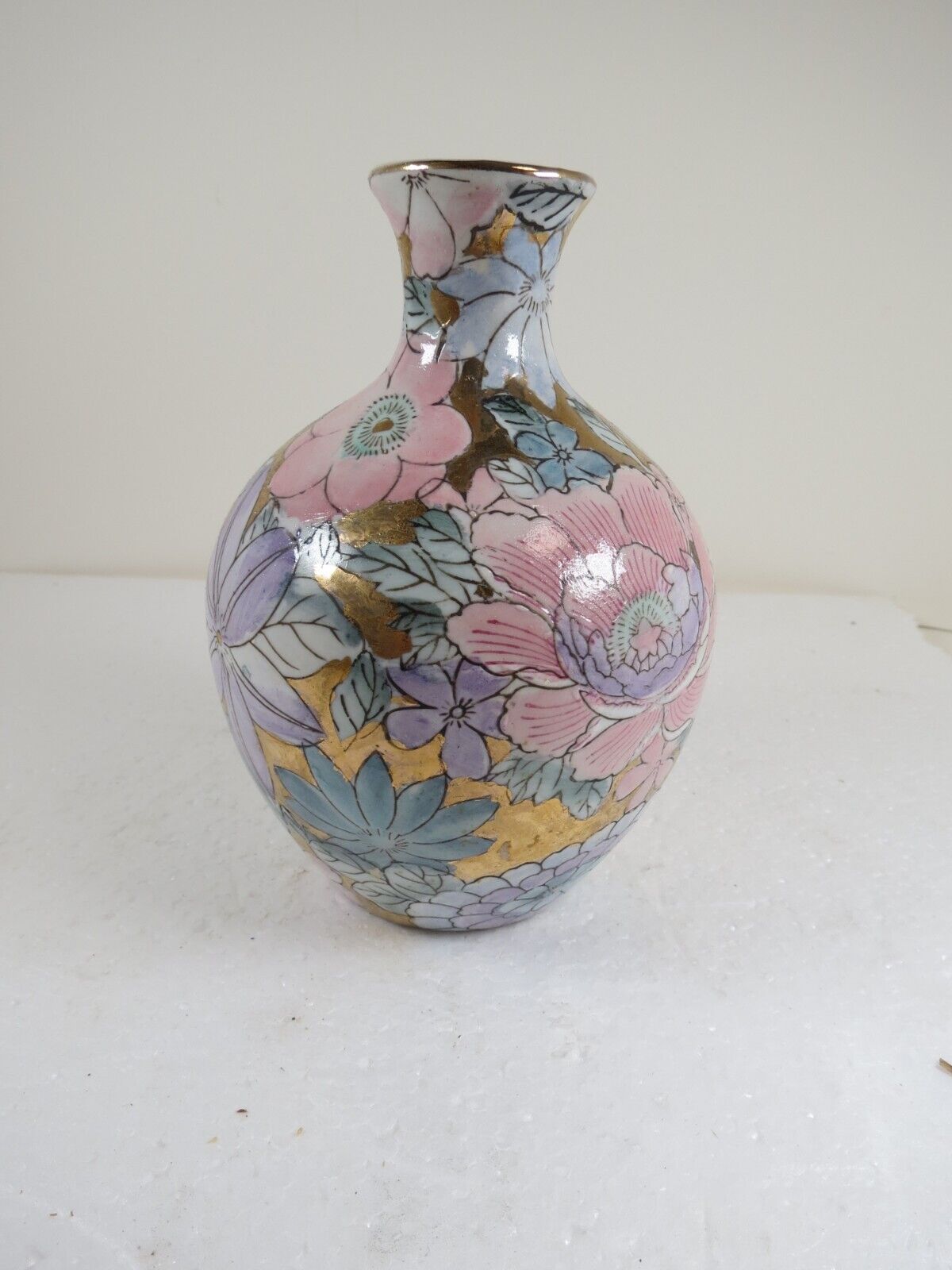 Vintage Toyo Golden Peony Floral Vase Colorful Gilded Porcelain 5.5