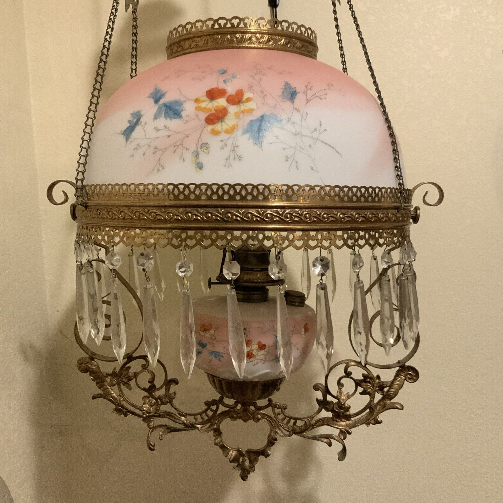Vintage Antique Victorian Hanging Oil Parlor Library Lamp W/ Matching Font Shade