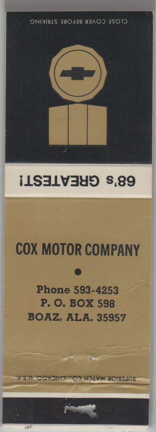 Matchbook Cover - 1968 Chevrolet Dealer -  Cox Motor Co Boaz, AL