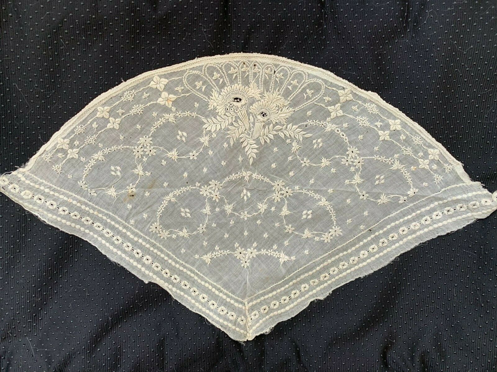 Gorgeous French 1860s Lace Bonnet - Hand embroidery on linon - Floral design