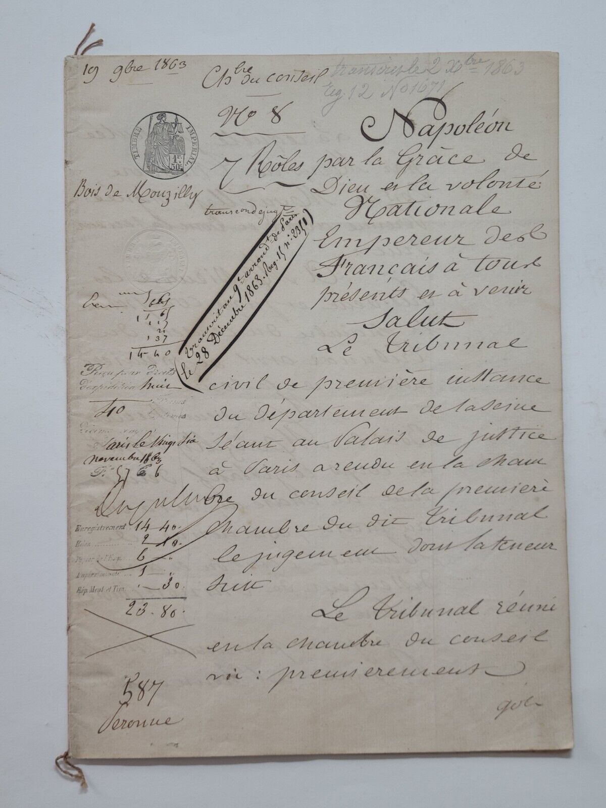 Original 1863 Napoleon Par La Grace De Dieu French Document Manuscript