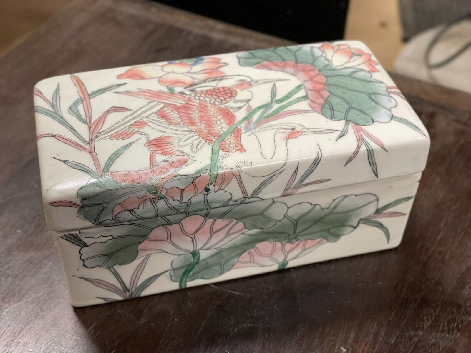 Vintage Lotus Chinoiserie Hand-Painted Qing Dynasty Style Porcelain Trinket Box