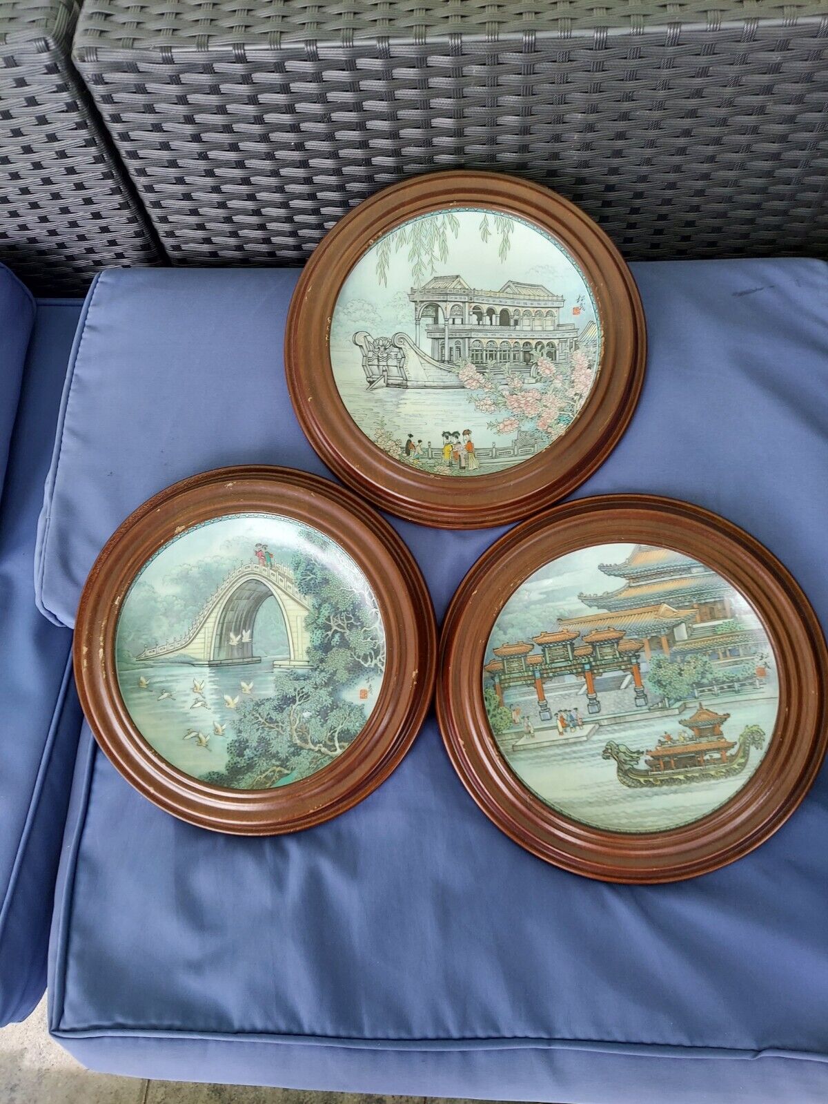 Set of 3 Wood Framed Chinese Imperial Jindezheng porcelain Summer Palace Plates 