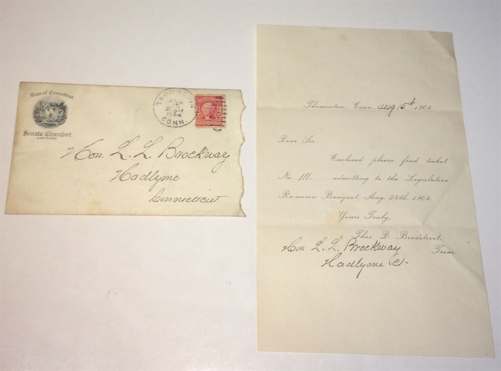 Rare Antique American Political Legislative Reunion Letter & Envelope C.1904