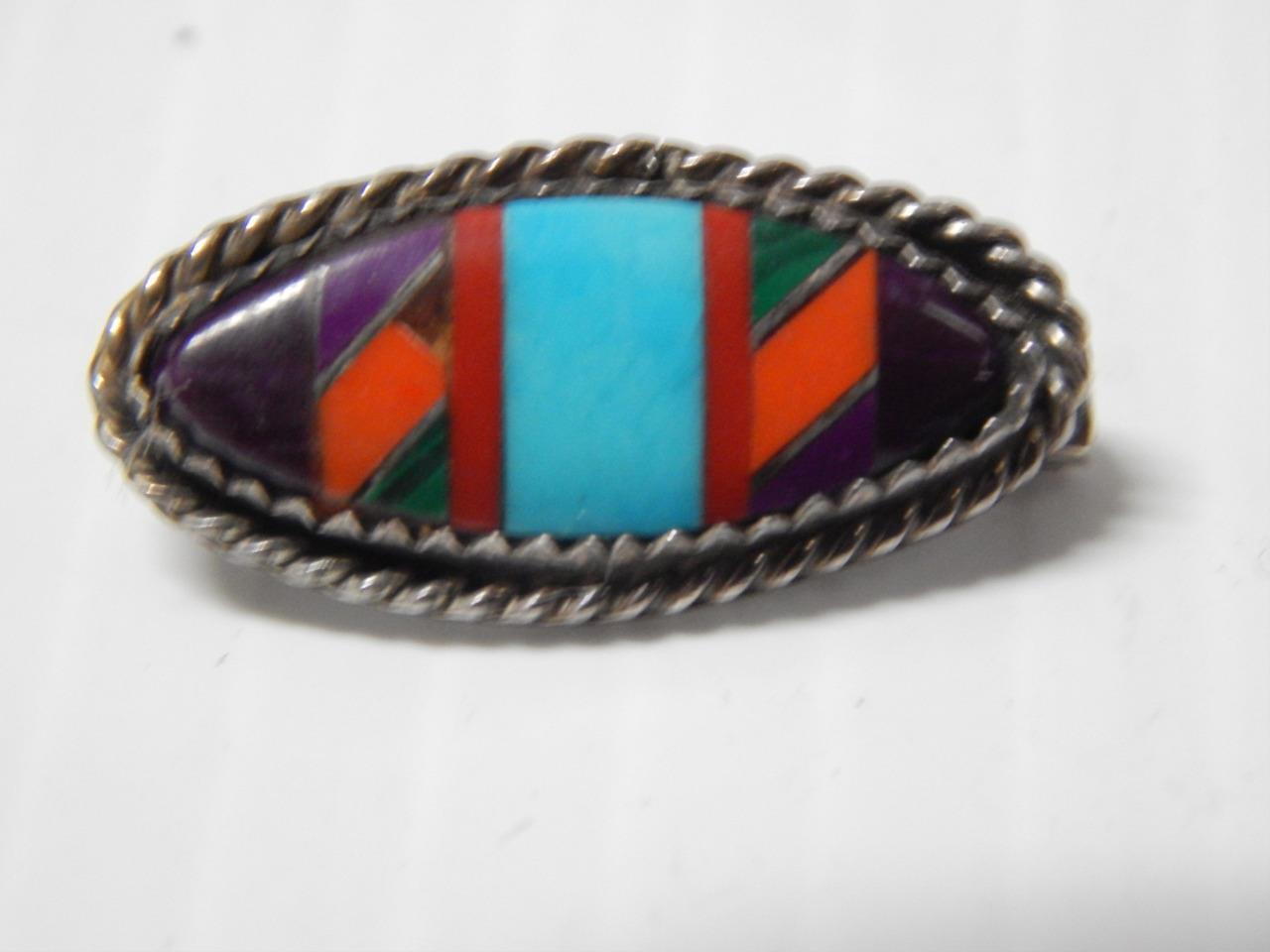 VINTAGE ZUNI INDIAN STERLING SILVER MULTISTONE PIN - VERY GRAPHIC  