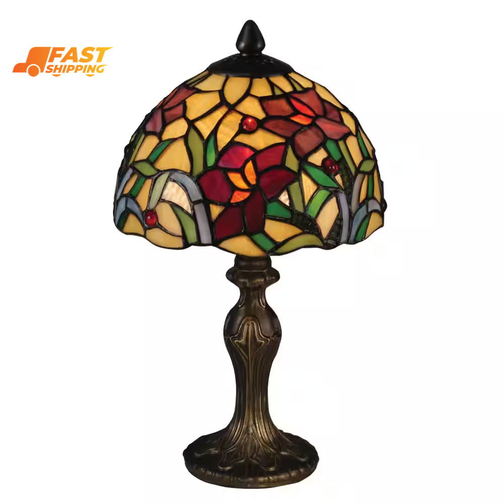 14 In. Antique Brass Accent Lamp with Hand Rolled Art Glass