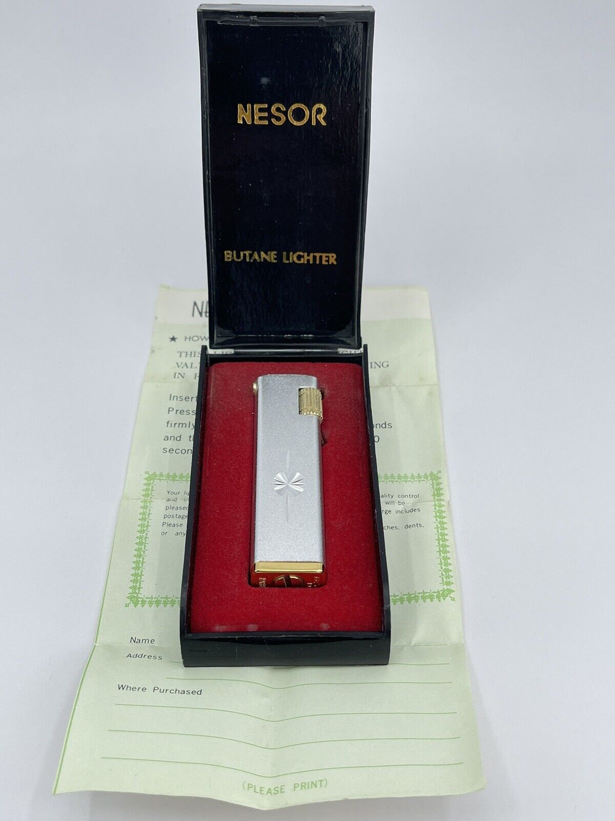 Vintage Nesor 19 Butane Lighter IOB Rosen Interprises Inc silver gold tone