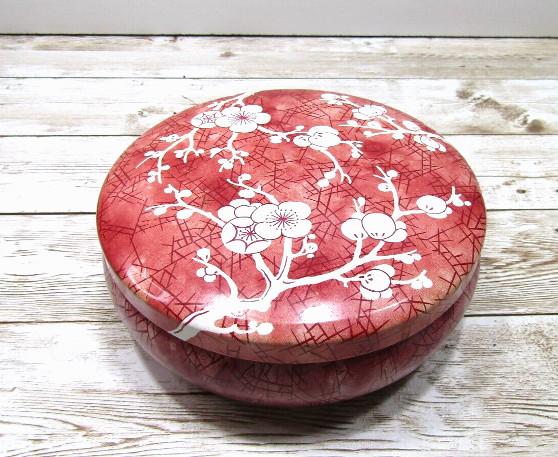 Daher Decorated Ware Vintage Tin Red White Cherry Blossoms Round w/ Lid England