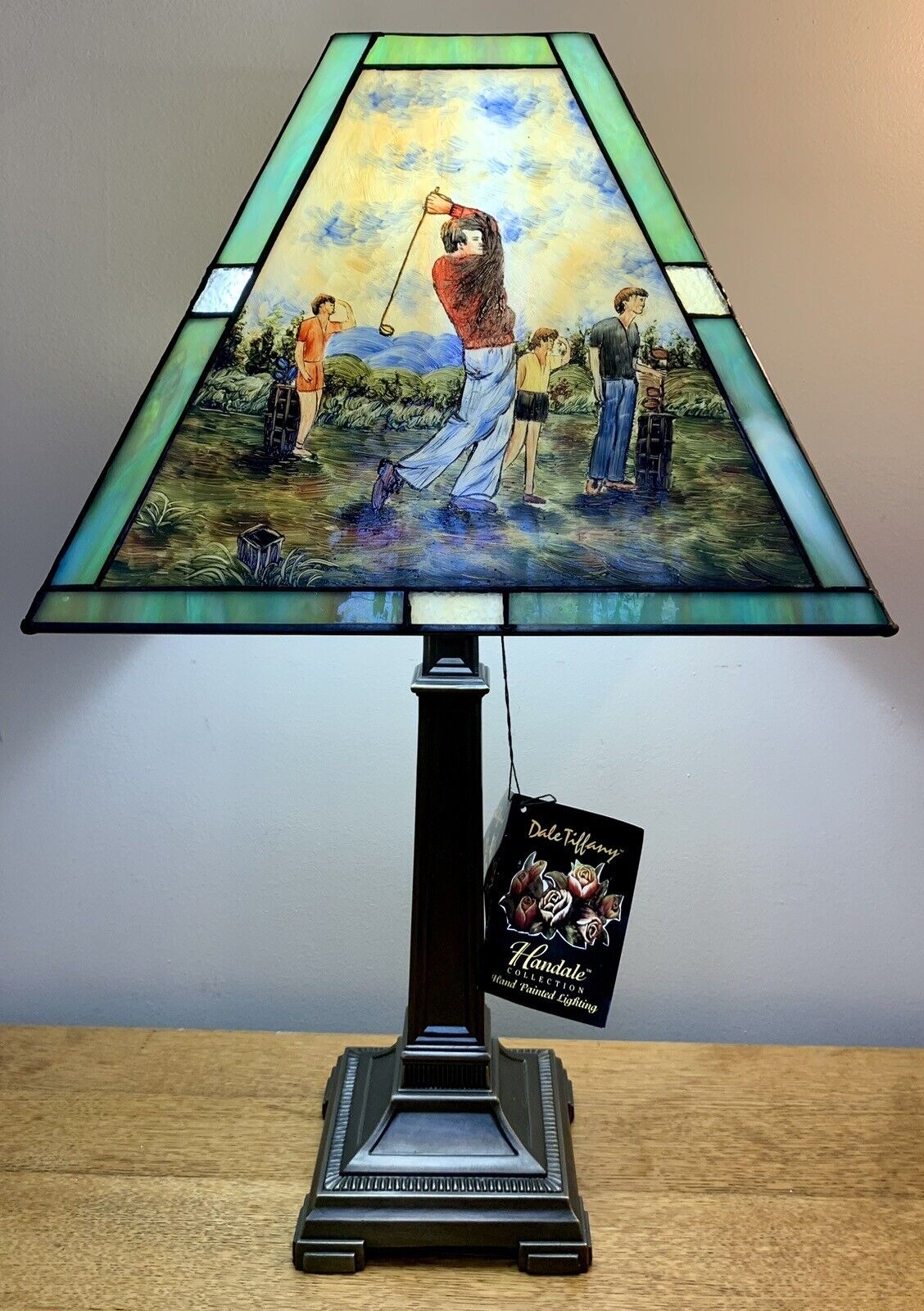 Vintage Dale Tiffany Hand-blown STAINED GLASS 21.5” Table Lamp: GOLFING Tee-Off