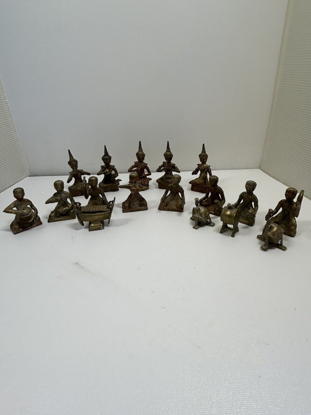 RARE Vintage 17 Piece ASIAN BRASS FIGURINES Musical Band Group w/Base Thailand