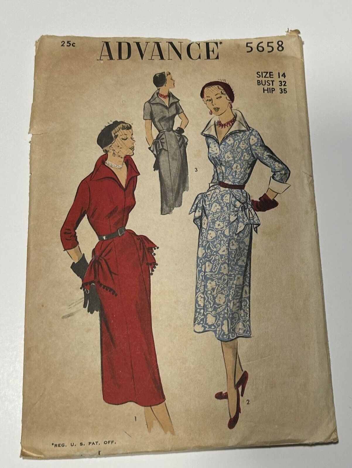 Vtg 1940\'s Advance 5658 DRESS w COLLAR CUFFS Hip Ties Sew Pattern Sz 14 Cut