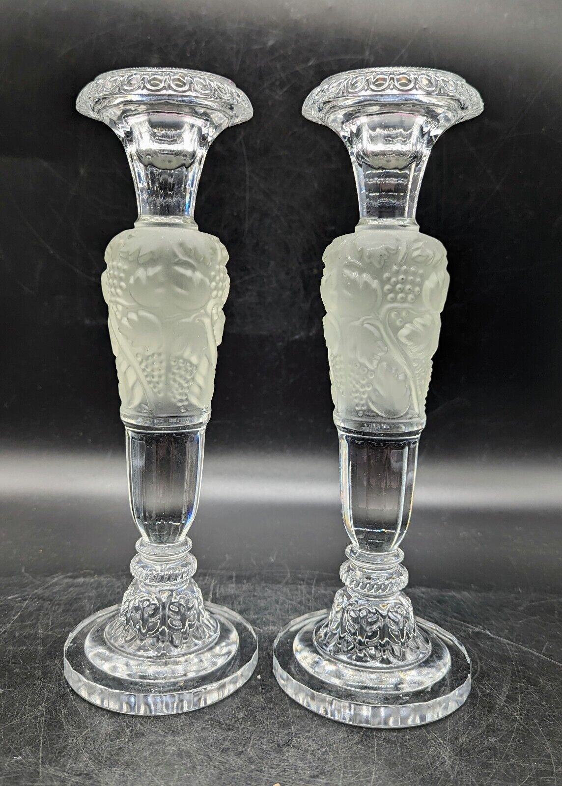 Set of Two Lead Crystal Etched Frosted Long Stem Athena Candlestick by Godinger