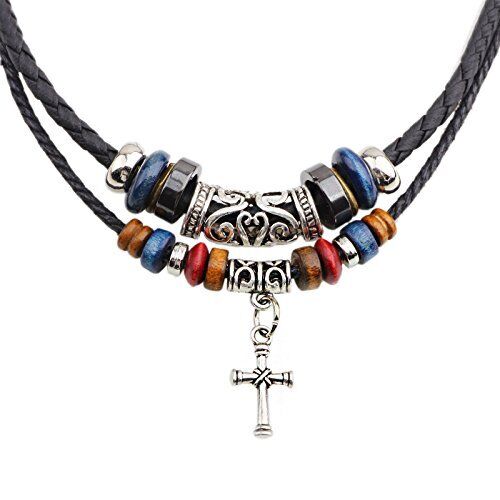 Vintage Style Double Layers Black Braided Leather Tribal Necklace with Charm ...