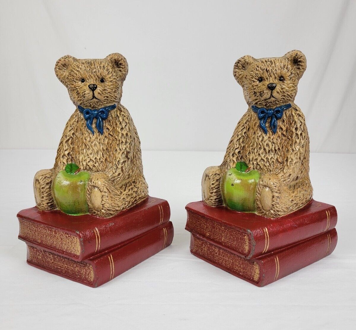 Cast Iron Pair 2 Of Teddy Bear On Books, Doorstop Or Bookends, Apple, Bow  10\