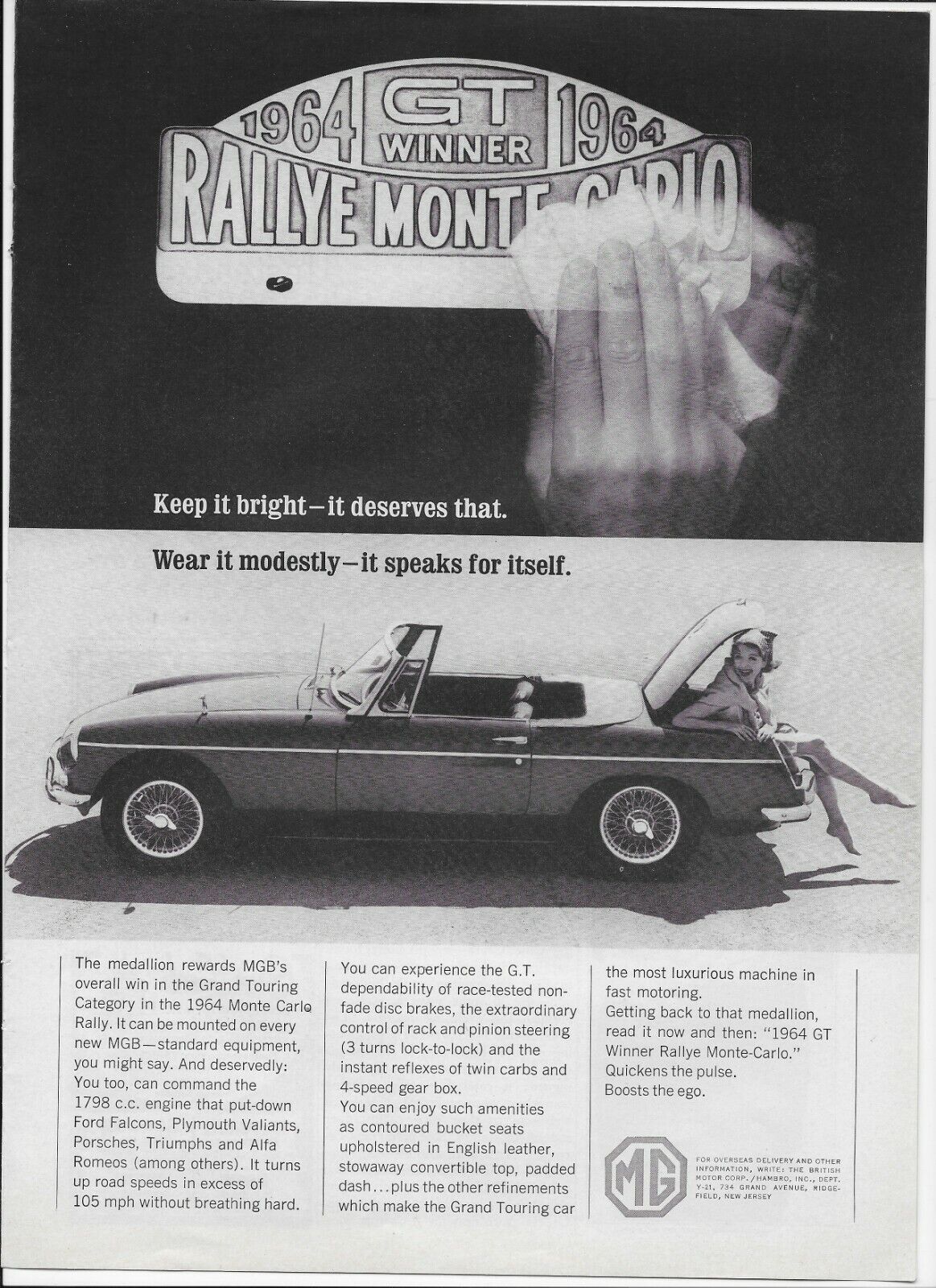 1964 MGB GT Winner Rallye Monte Carlo MG Girl in Trunk Car Original Print Ad