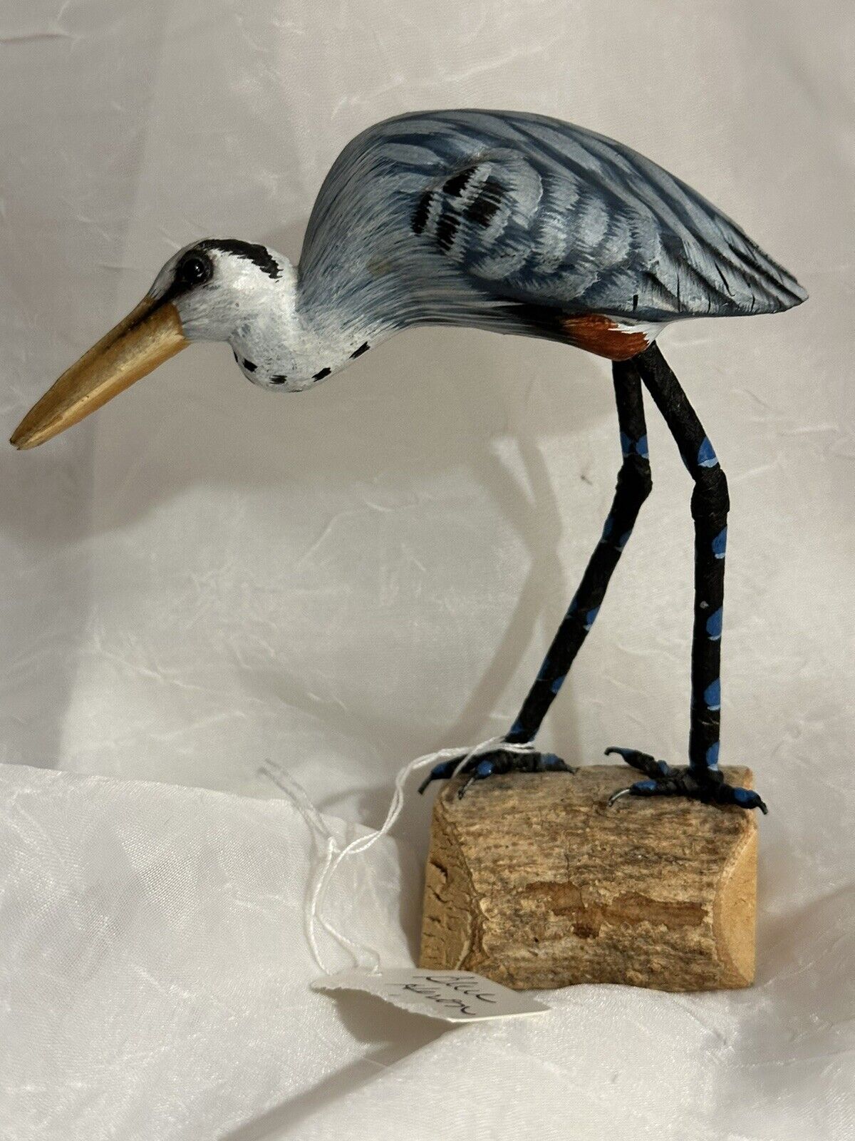 Vintage Hand Carved and Painted 6” Great Blue Heron Bird on Natural Wood Base