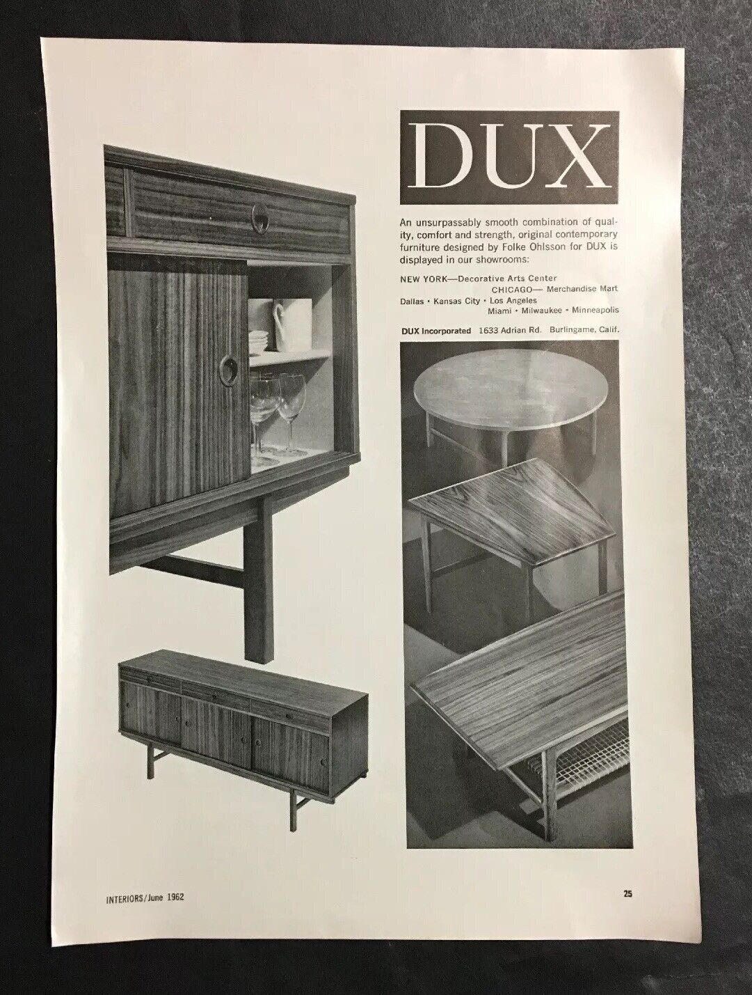Vintage 1962 Folke Ohlsson DUX Mid Century Modern Contemporary Furniture Ad
