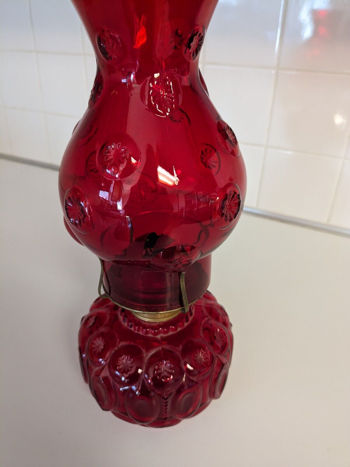 Vintage Red Kerosene Lamp with Glass Shade