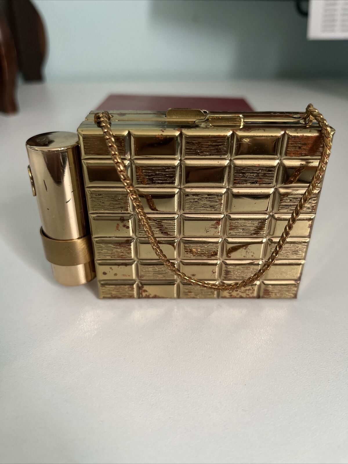 Vintage Gold Weaved Cigarette Lipstick Compact Case Vanity Make Up