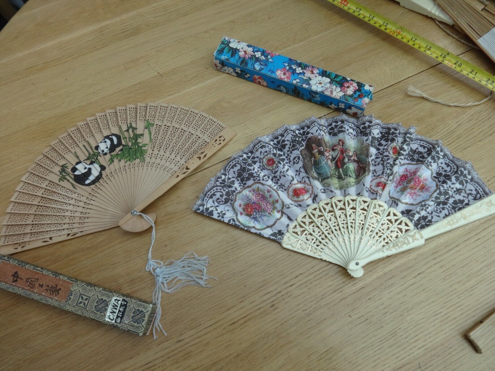 Vintage 2 Asian Fans  Oriental Folding Bamboo Hand Fan And Regency Scene