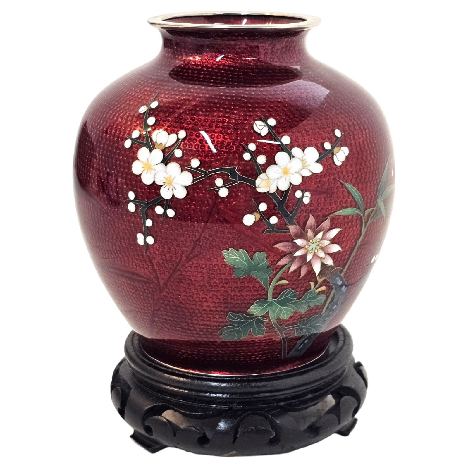 Japanese Ando Sato Red Enamel Cherry Blossom Vase Pigeon Blood  Signed