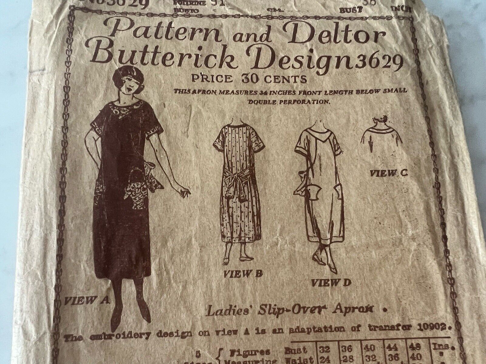 Antique Sewing Pattern 1920s Butterick Women’s Slip Over Apron Bust 36 Inch 3629