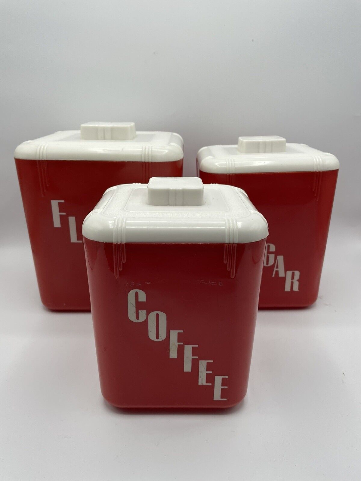 Vintage Red Lustro Ware Rona Plastic Flour Sugar Coffee Nesting Canister Set MCM