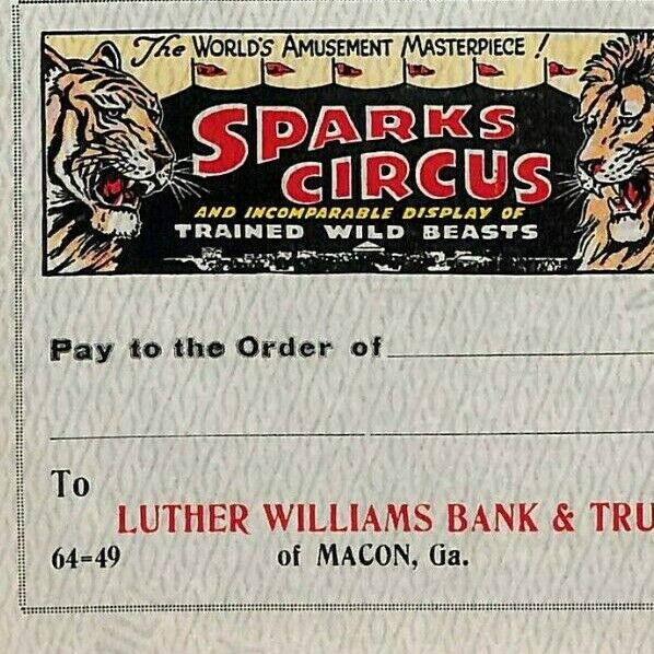 Very Scarce c1920\'s Sparks Circus Unused Luther Williams Bank Check - Macon, GA 