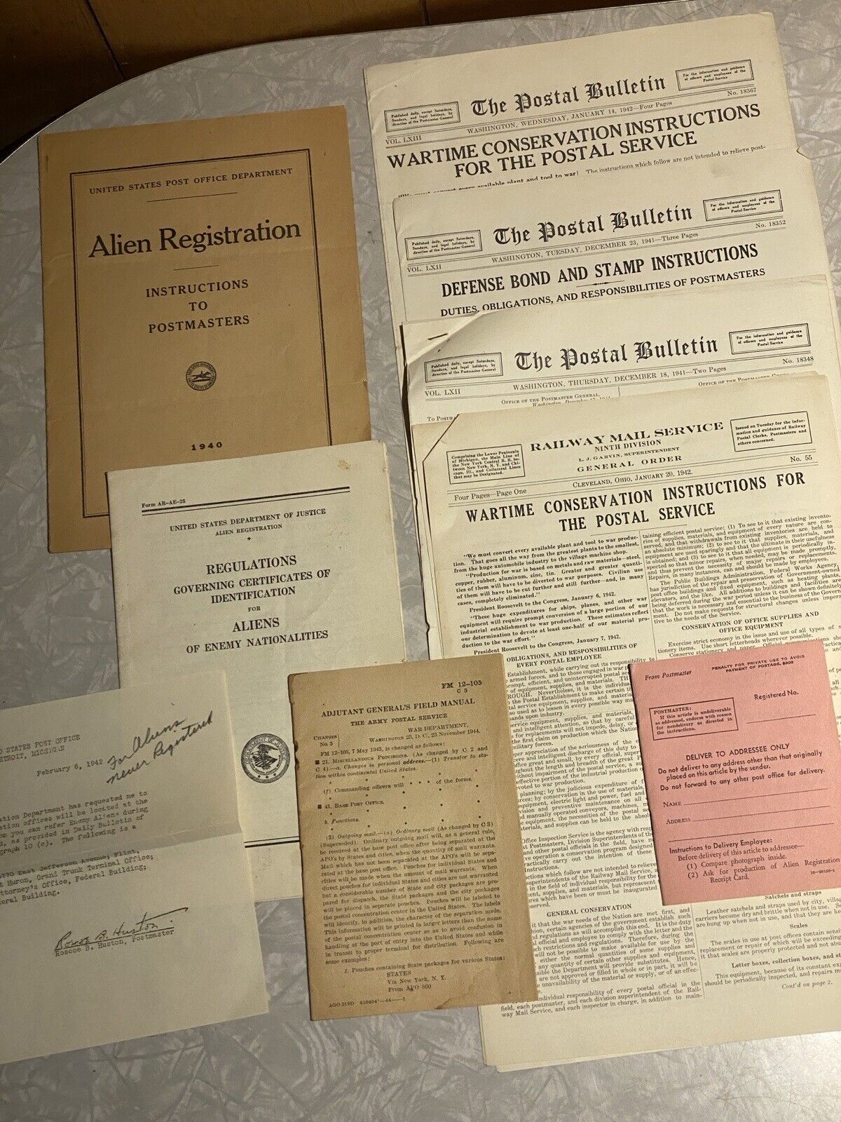 Lot Of 9 Vintage US Mail Post Office World War Two Postmaster Alien Regulations