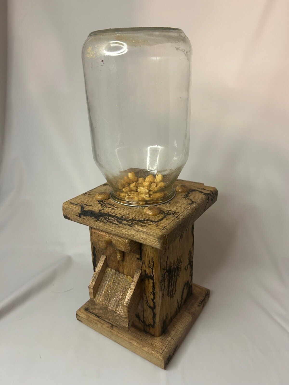 Amish Handmade Wooden Candy Dispenser With Mason Jar Solid Oak Lichtenberg burn