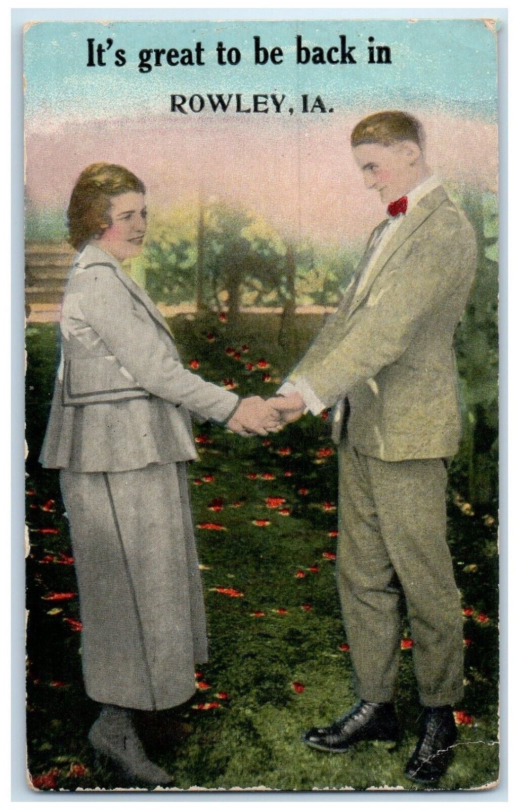 c1910 It\'s Great To Be Lovers Couple Field Rowley Iowa Vintage Antique Postcard