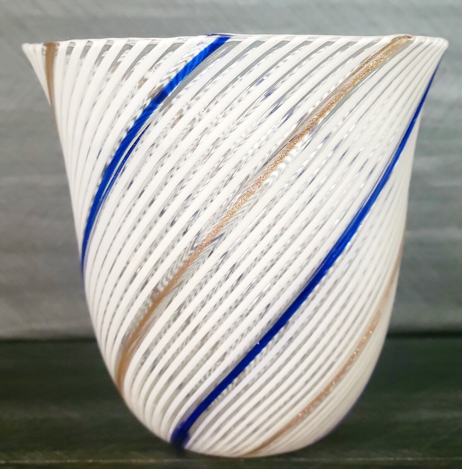 Superb Vintage Murano Latticino Italian Blue White Gold Art Glass Bowl Vase 6