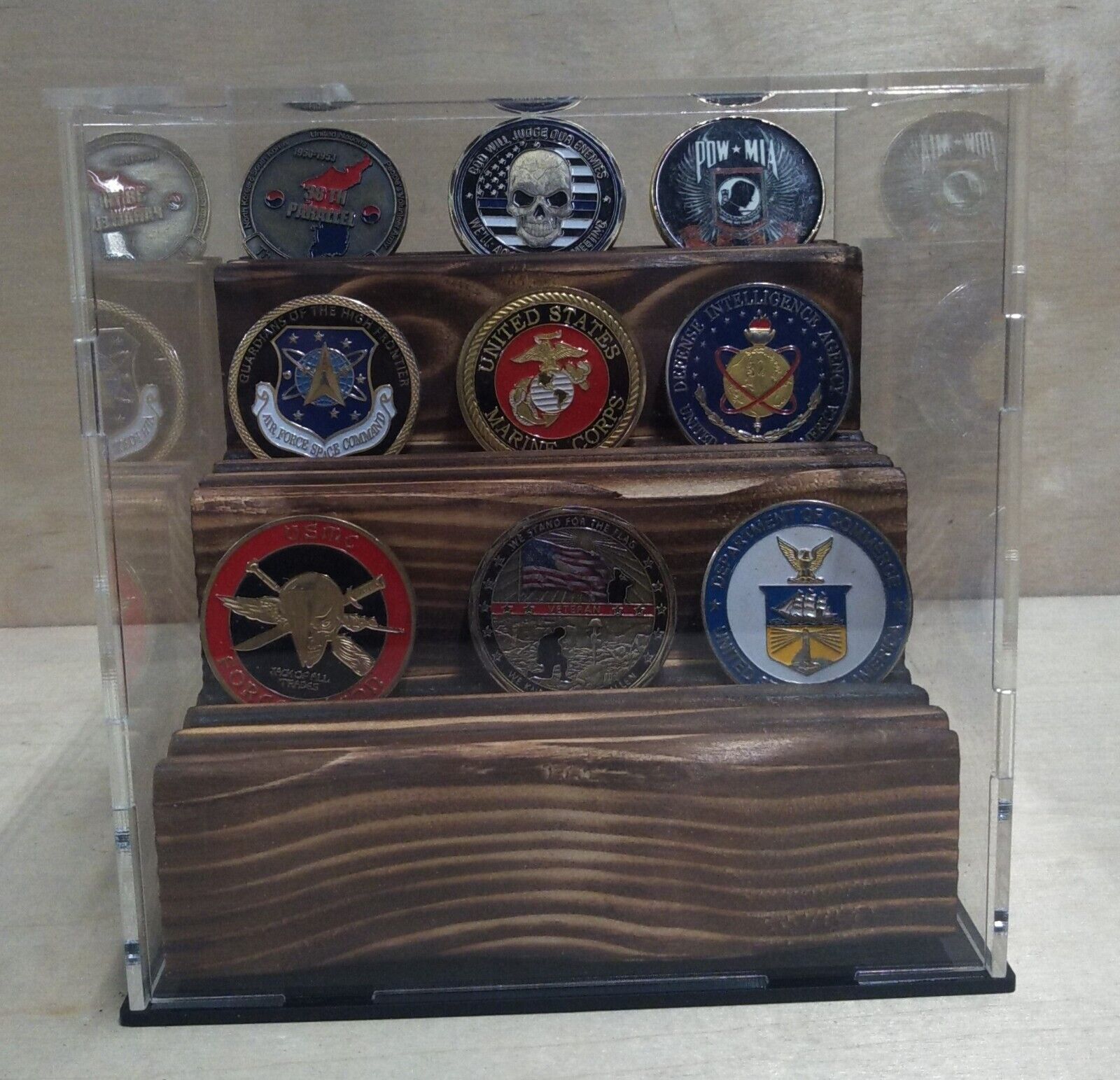 Challenge Coin Holder Display , Military, Law Enforcement, Live Edge with case