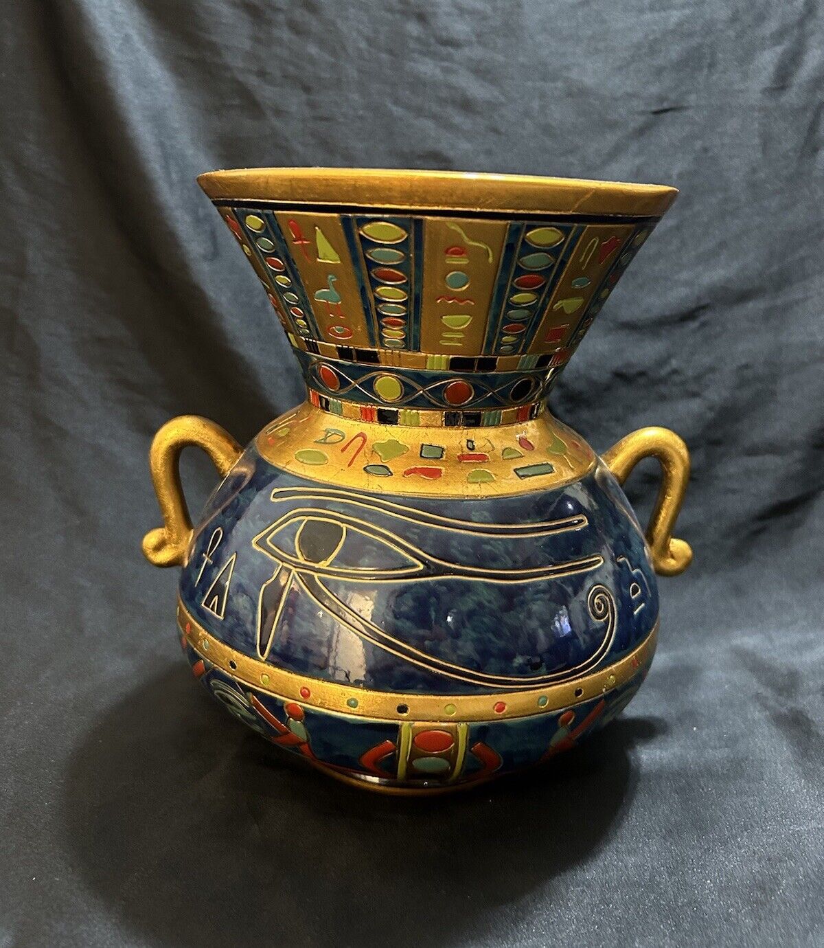 Vtg 2002 Veronese Egyptian Inspired Vase Decorative Cobalt Blue Gold Hieroglyphs