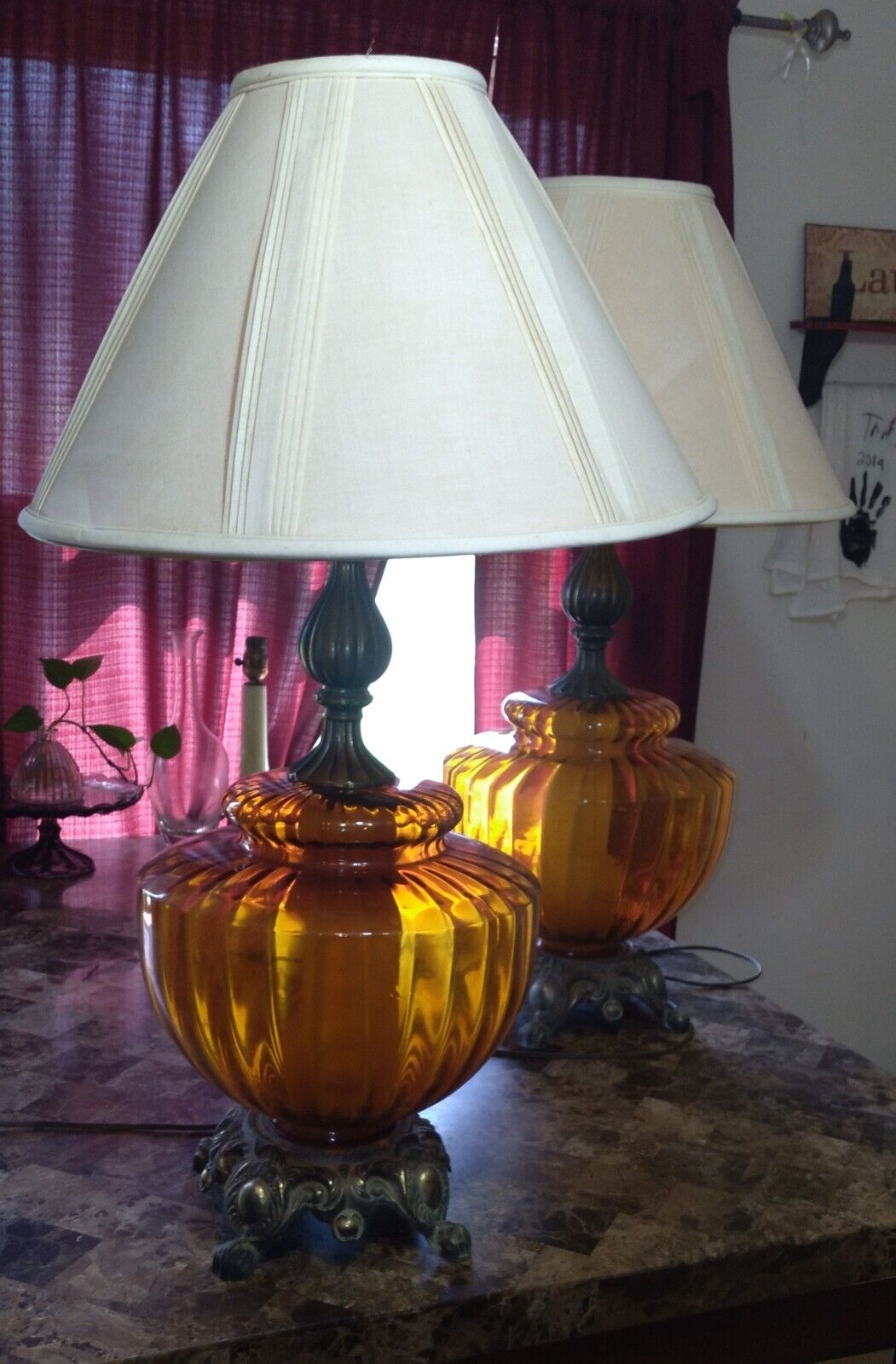 Pair Of Hollywood Regency Amber Glass Mid Century Table Lamps