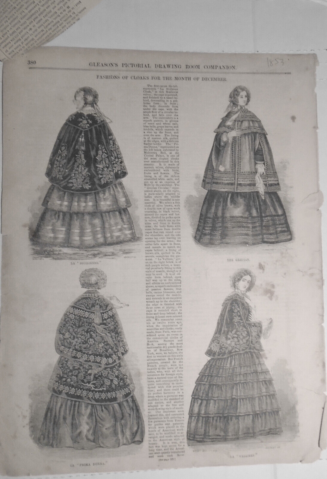 Mantilla Cloaks - Fashions Of  For The Month Of December - Gleason's  1853