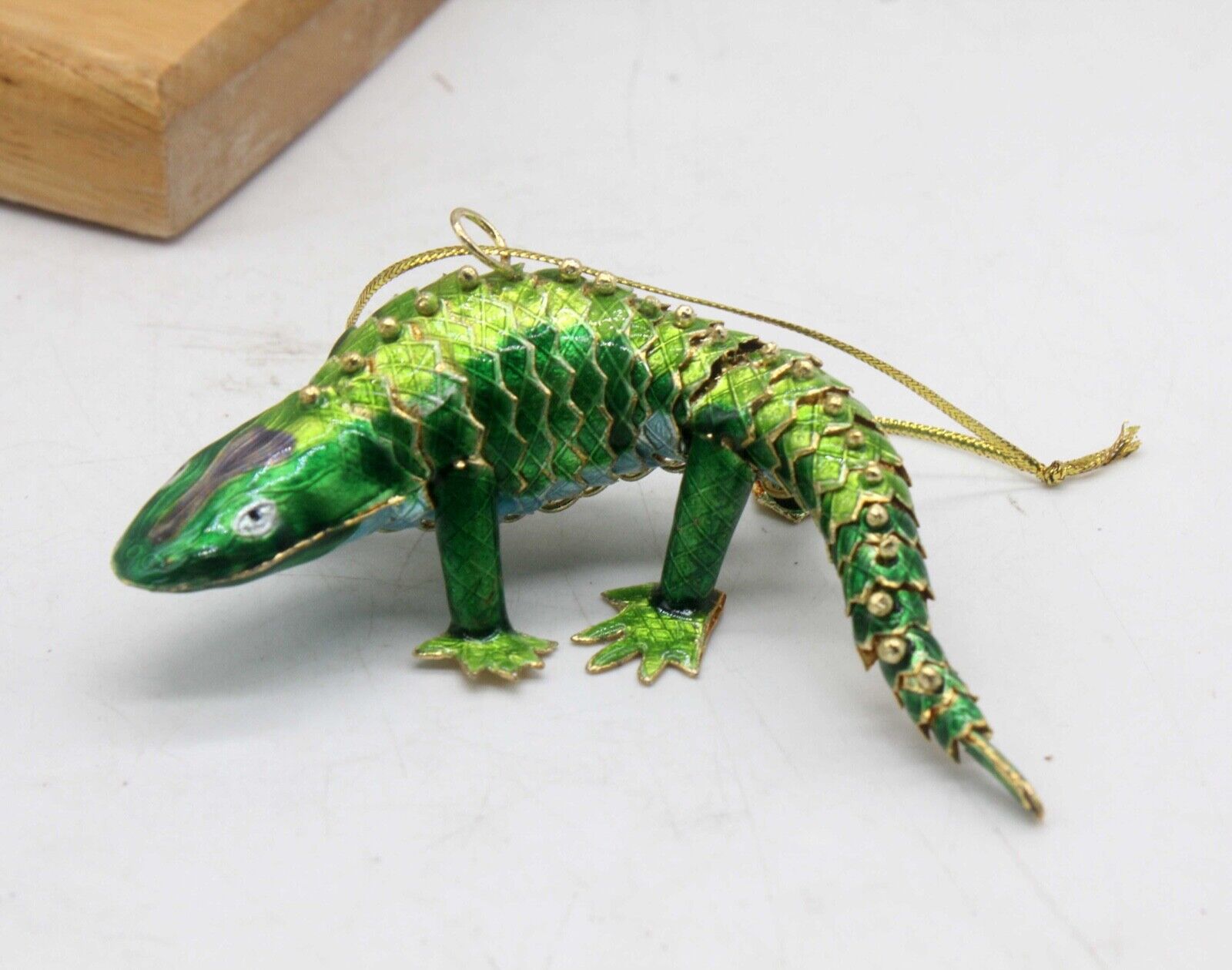 Vintage Green Enamel Cloisonné Articulated Reptile Hanging Ornament Lizard