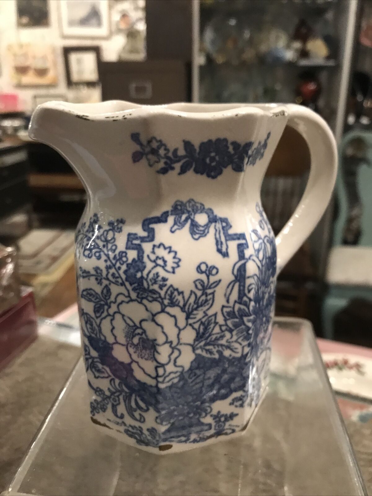 Vintage Antique Blue & White Toile Flower Floral Pitcher 