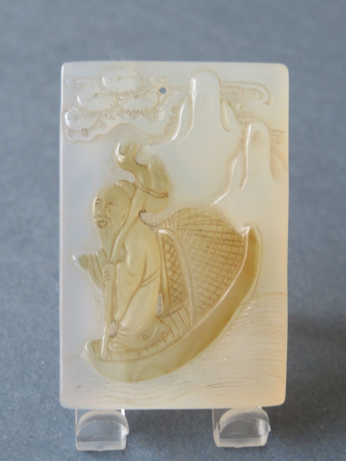 OLD CHINESE CARVED TRANSLUCENT  CIZHOU SCHOOL AGATE PENDANT PLAQUE - MAN IN BOAT