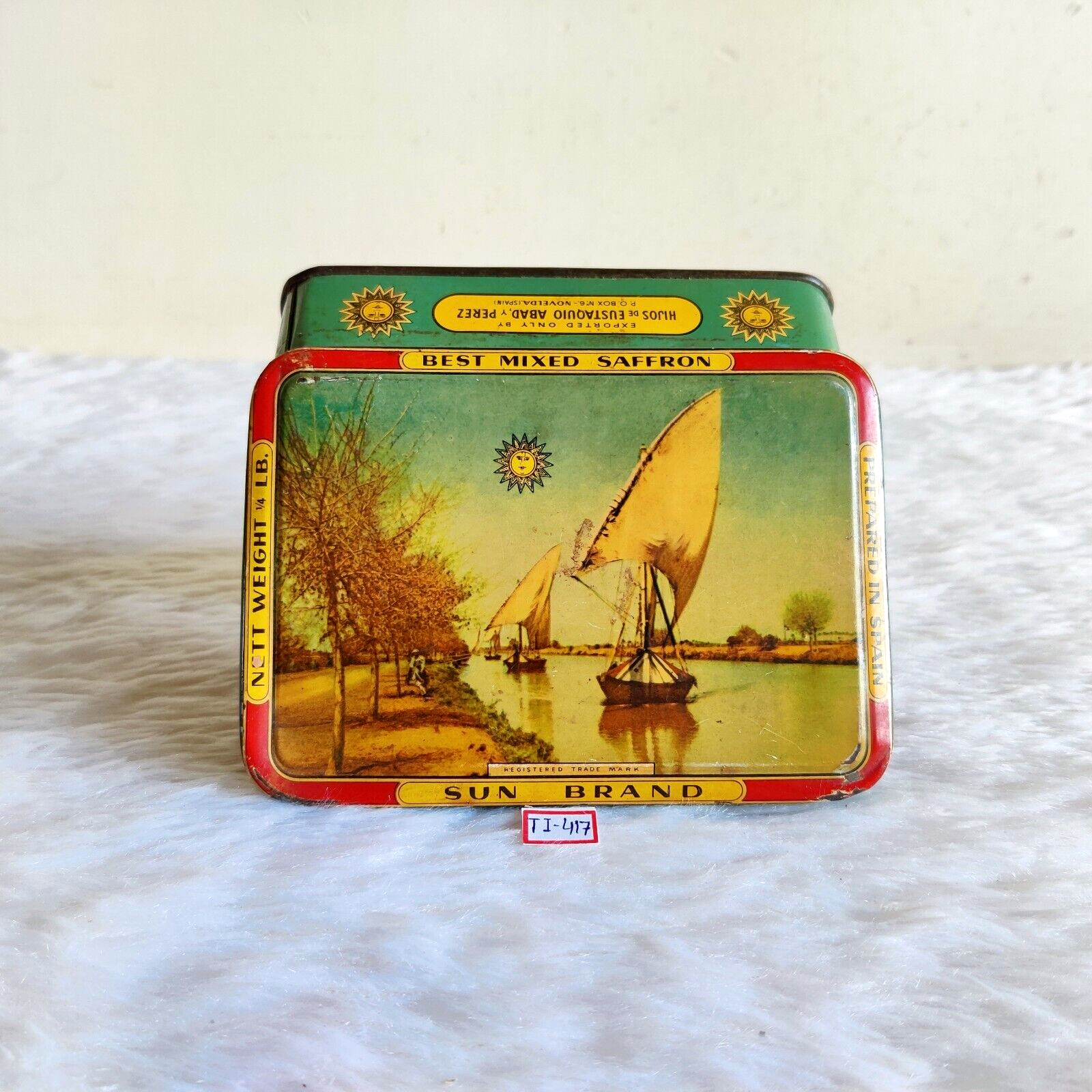 1950s Vintage Sailing Boat Graphics Sun Brand Saffron Advertising Tin Box TI417