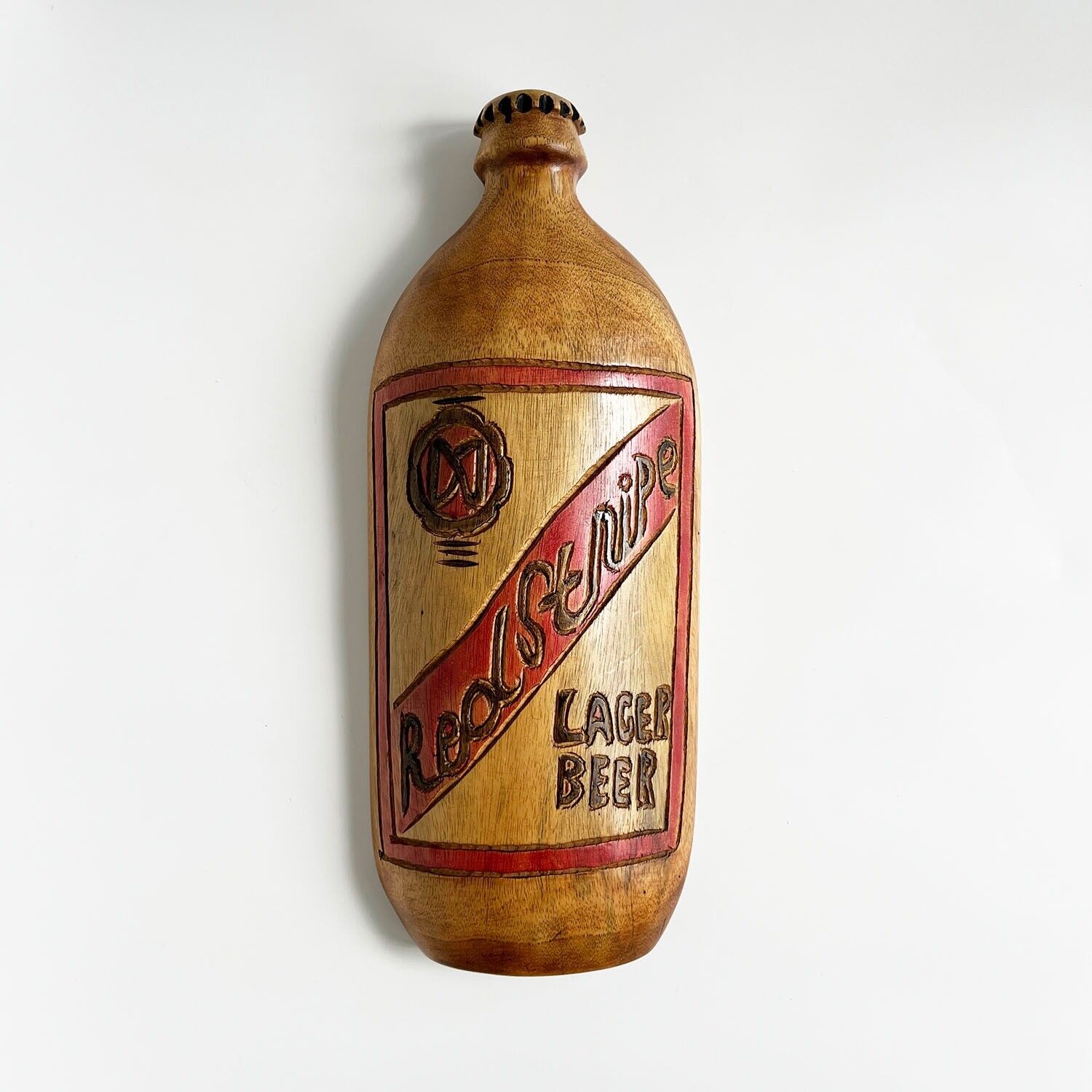Vintage Large Red Stripe Hand Carved Wood Beer Bottle Advertising Sign 17.5
