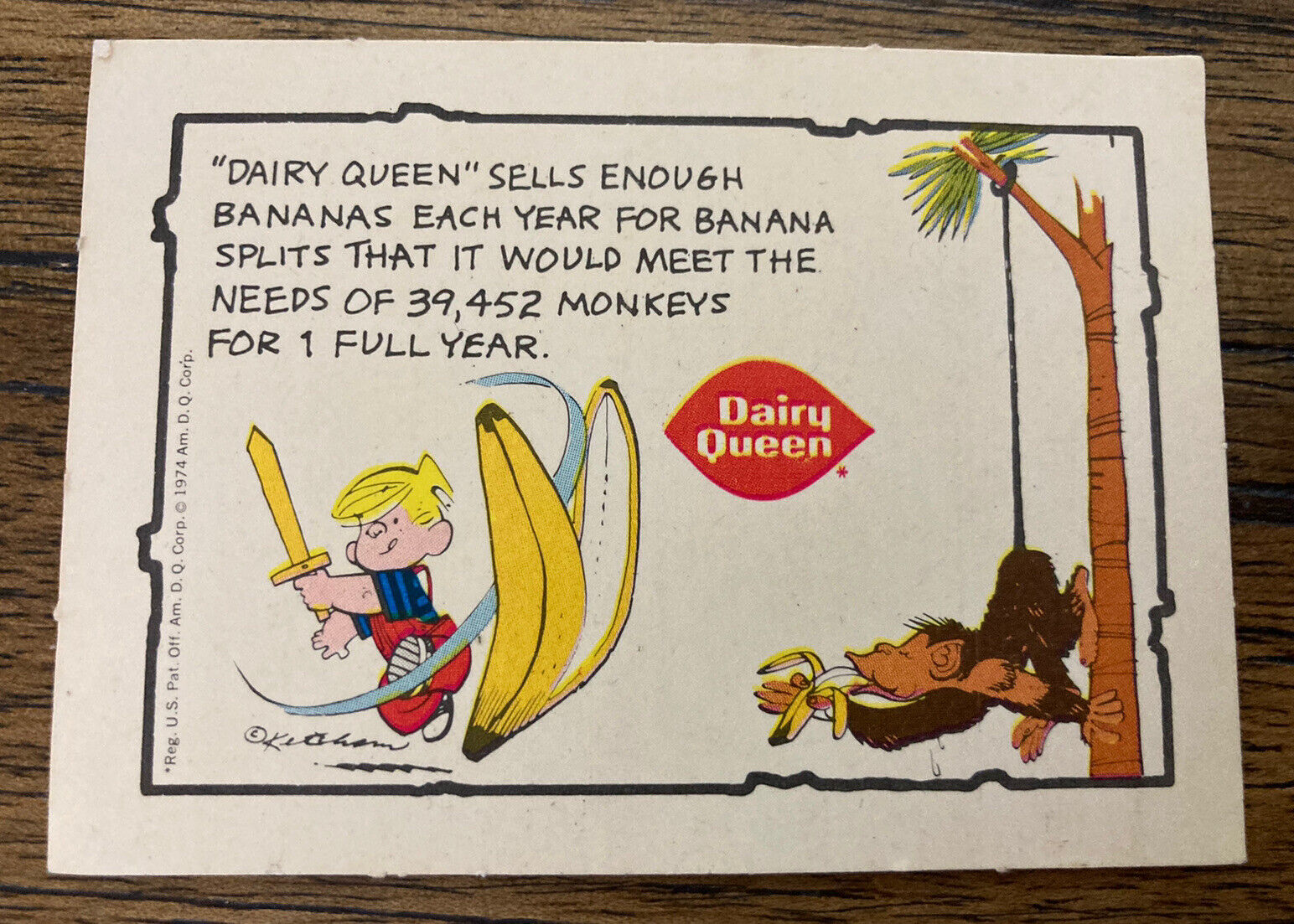 1974 Dennis the Menace, Banana Monkey Dairy Queen VINTAGE Trading Card Sticker